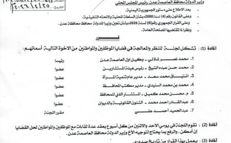 محافظ العاصمة عدن يشكّل لجنة للنظر في قضايا الموظفين والمواطنين ومعالجتها
