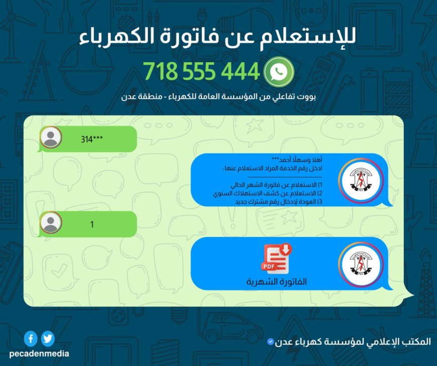 كهرباء عدن تطلق خدمة واتساب لمعرفة قيمة الفاتورة الشهرية في حال فقدانها