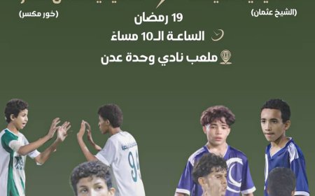 برعاية بنك عدن الأول الإسلامي.. اليوم ختام نهائي كأس أكاديميات عدن في نسخته السادسة