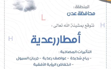 الأرصاد تتوقع هطول أمطار رعدية ورياح شديدة في عدن خلال الساعات القادمة