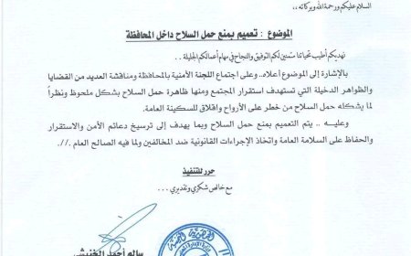 عضو مجلس القيادة محافظ حضرموت يصدر تعميما صارما بمنع حمل السلاح لتعزيز الأمن والاستقرار