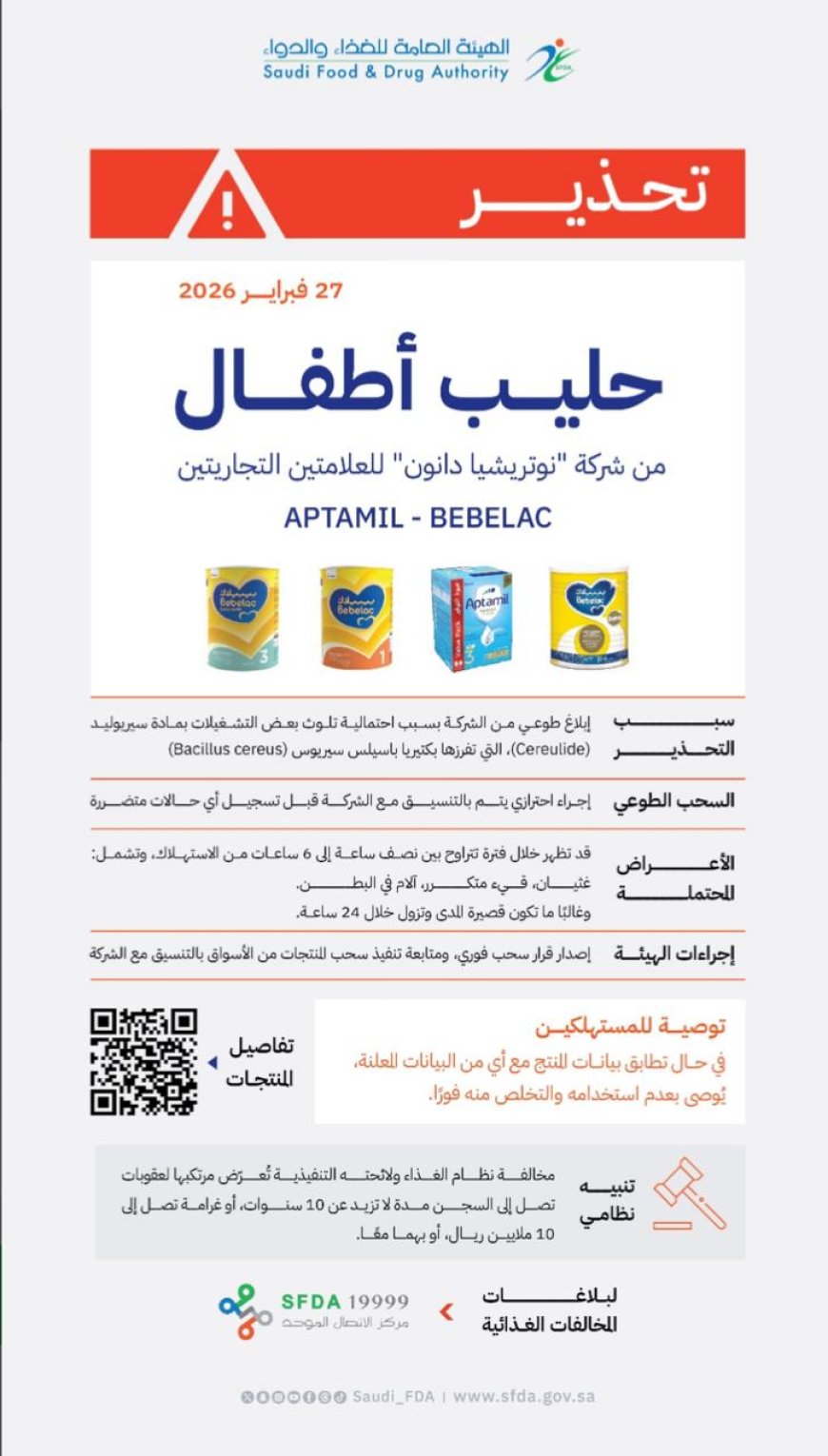 هيئة المواصفات والمقاييس تصدر تعميم بحضر استيراد منتجات حليب اطفال ملوثة وسحبها من الأسواق والتخلص منها