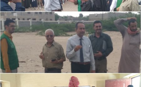 مدير عام تربية أبين وممثلين الصندوق الاجتماعي والبرنامج السعودي للاعمار يعاينون الموقع لبناء مجمع البنات بباجدار
