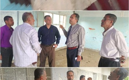 مدير عام تربية أبين يتفقد مدرسة سمية أم عمار بالمخزن بعد سقوط أجزاء من أسقف المدرسة